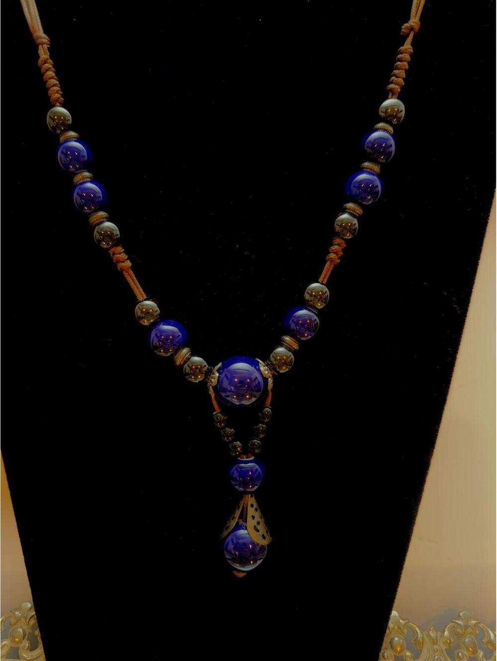 Vintage Moroccan Porcelain Berber Necklace with Silver Tone Spacers Handmade